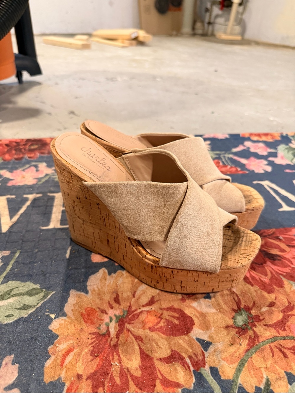 Charles David Neutral Beige Cork Platform Wedge Sandals